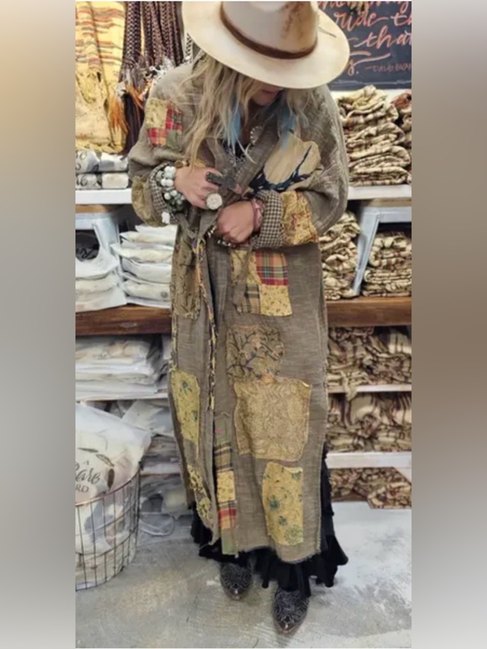 A rare bird Patchwork Long Open Cardigan in Taupe and Yellow